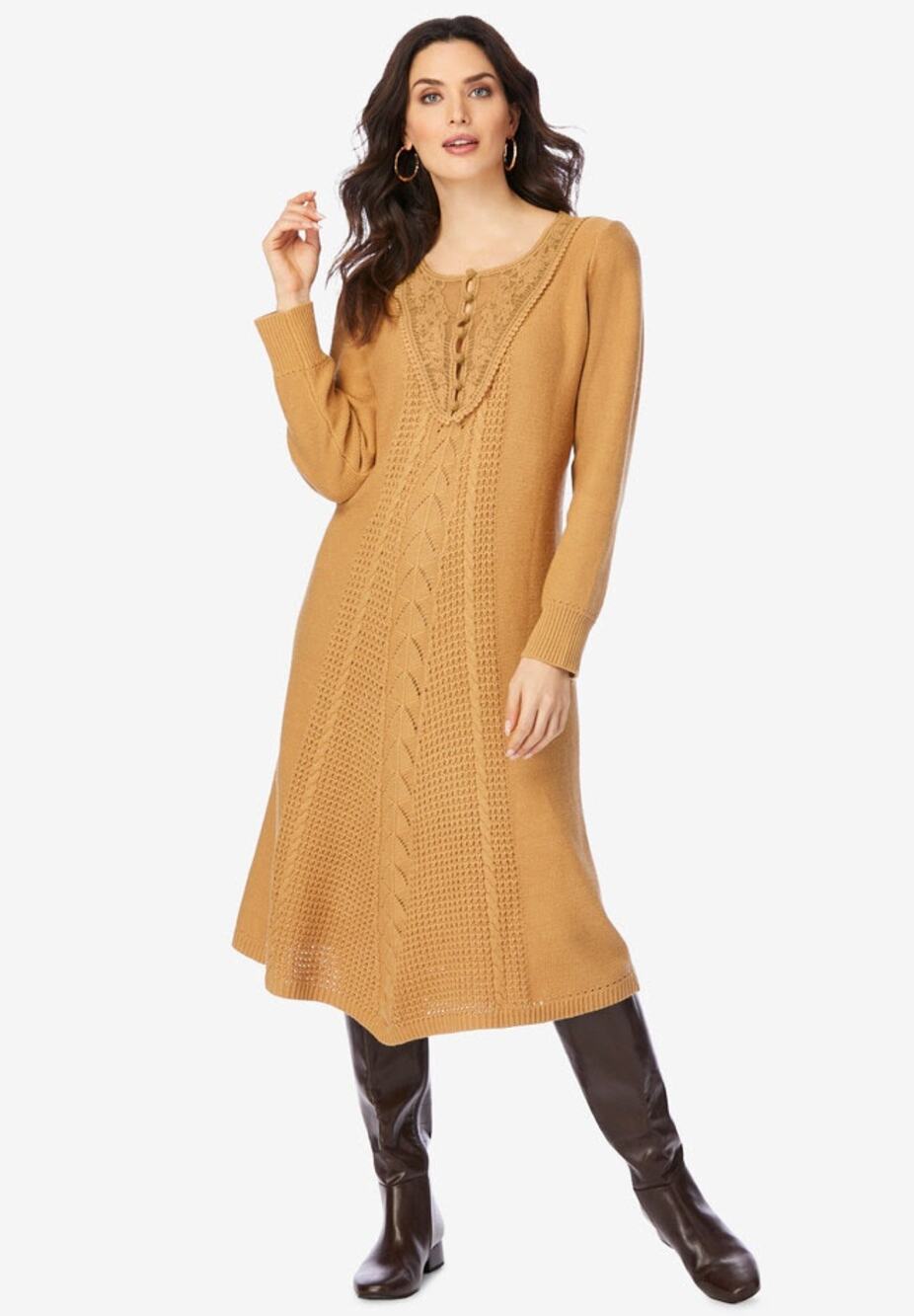 Roaman's Sweater Dress Cable Knit Tan Midi Long Sleeve Plus Sz 26/28 or 30/32